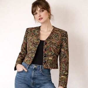 Esprit Vintage 80s Quilted Paisley Cropped Blazer Jacket Quilted Lined Sz 12